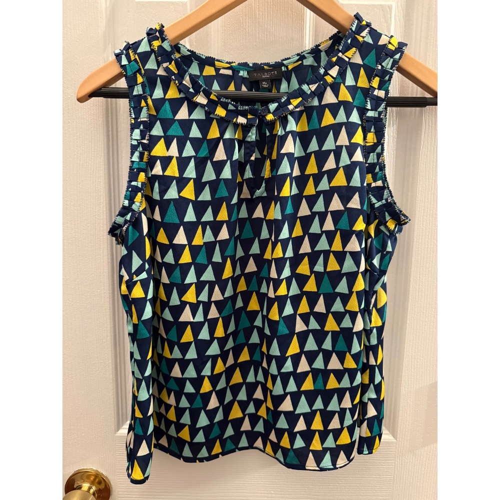 Talbots Petites Navy Blue Geometric Triangle Ruffle Sleeveless Blouse MP